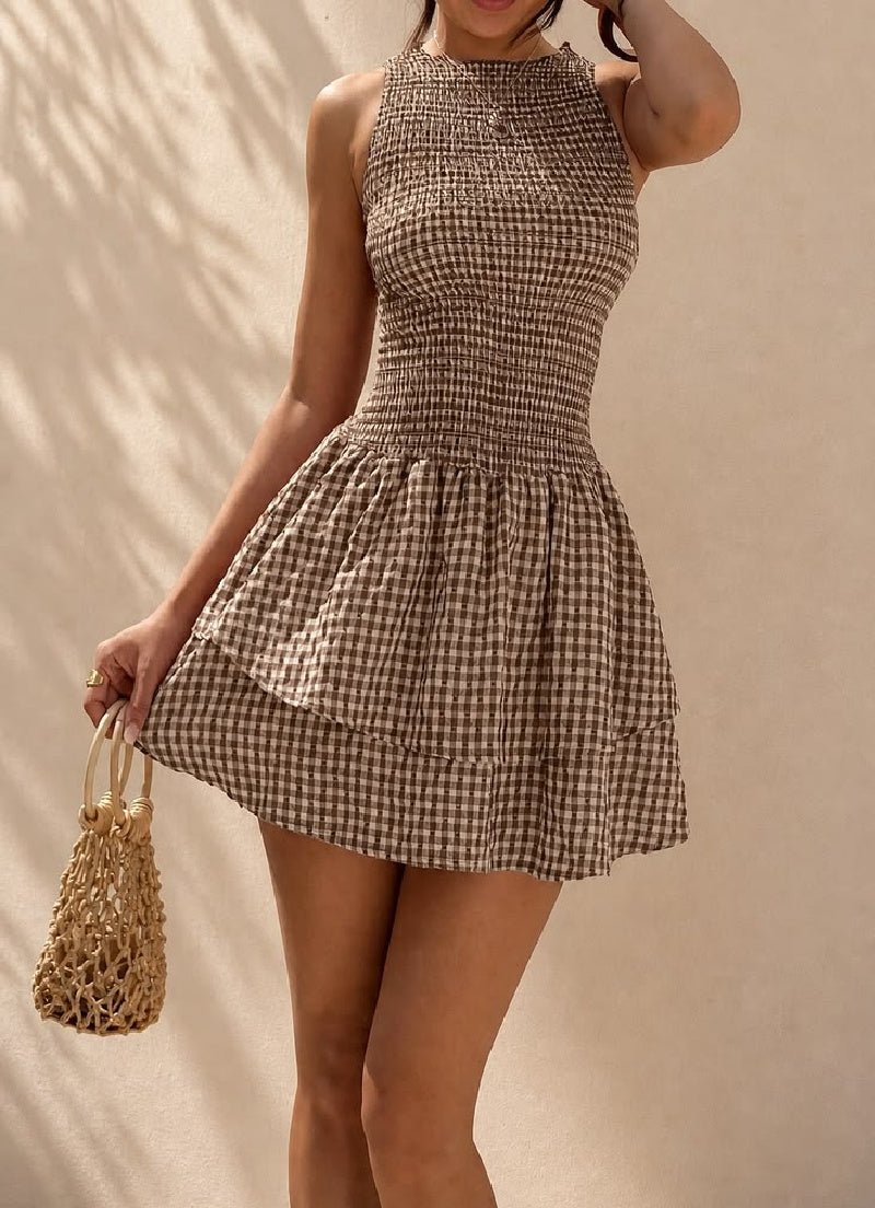 Vestido curto aos quadrados com franzido Hazel