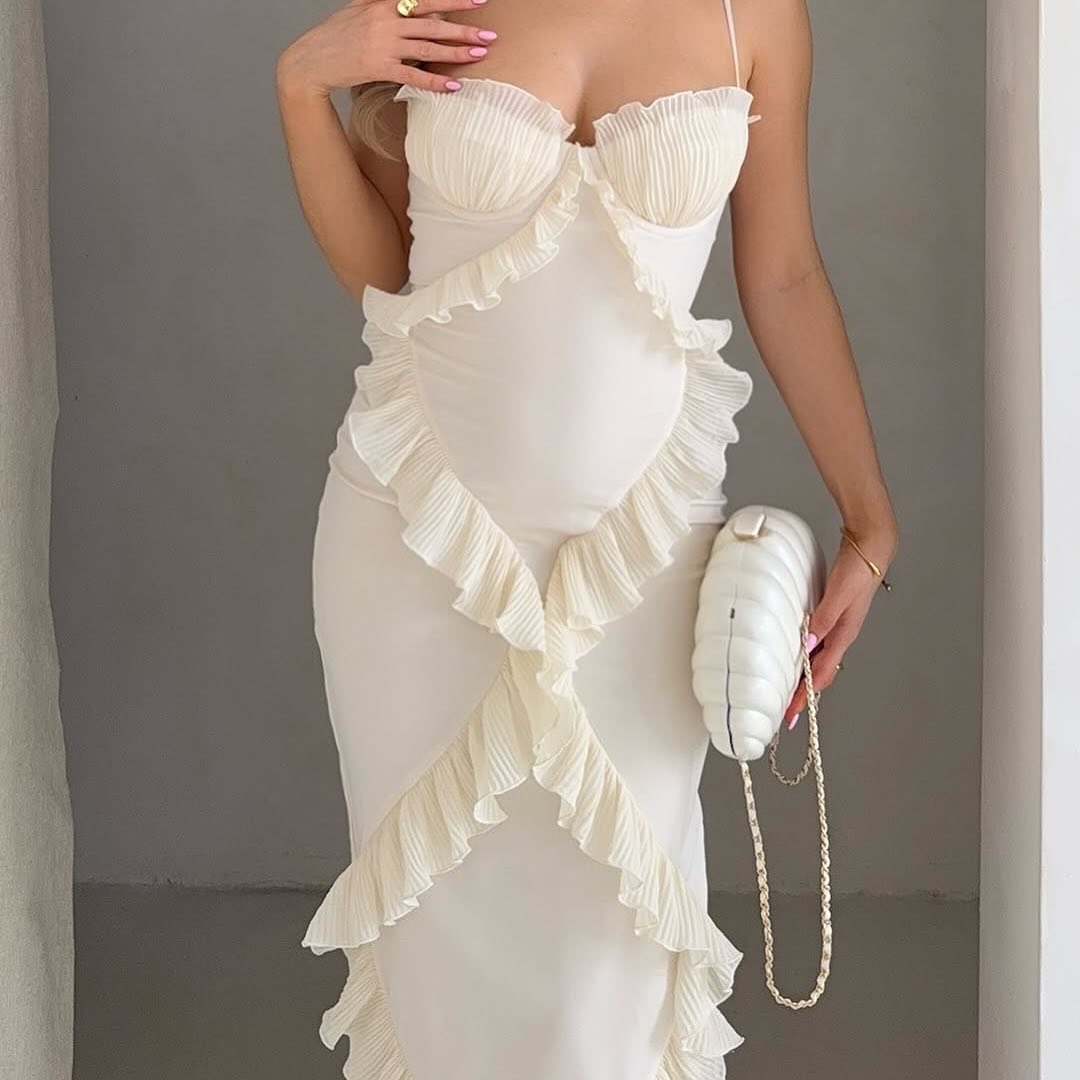 Vestido comprido com folhos de renda Helen