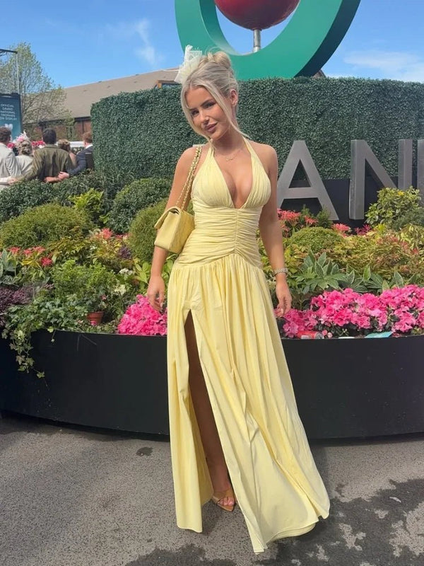 Helena Deep V Ruched Maxi Dress with Slit