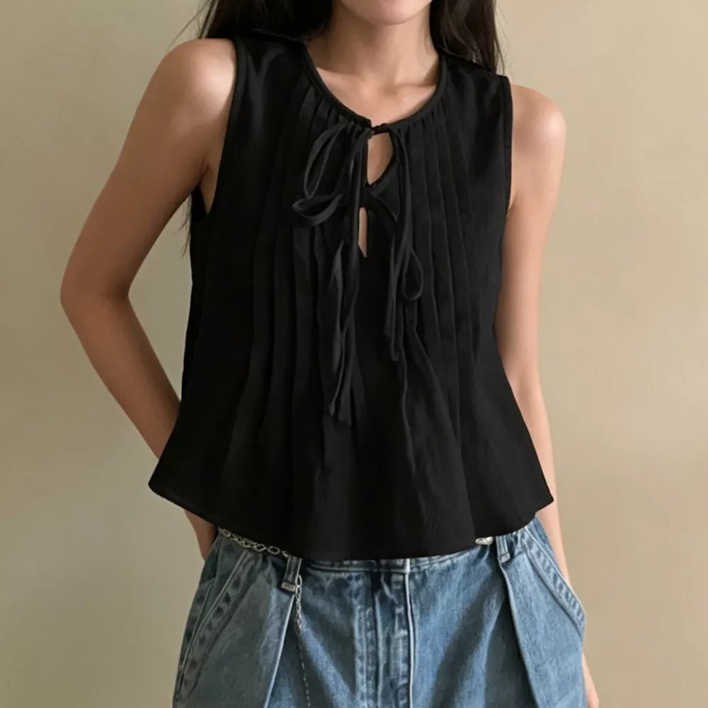 Top Honora com bainha de folhos e atilhos à frente