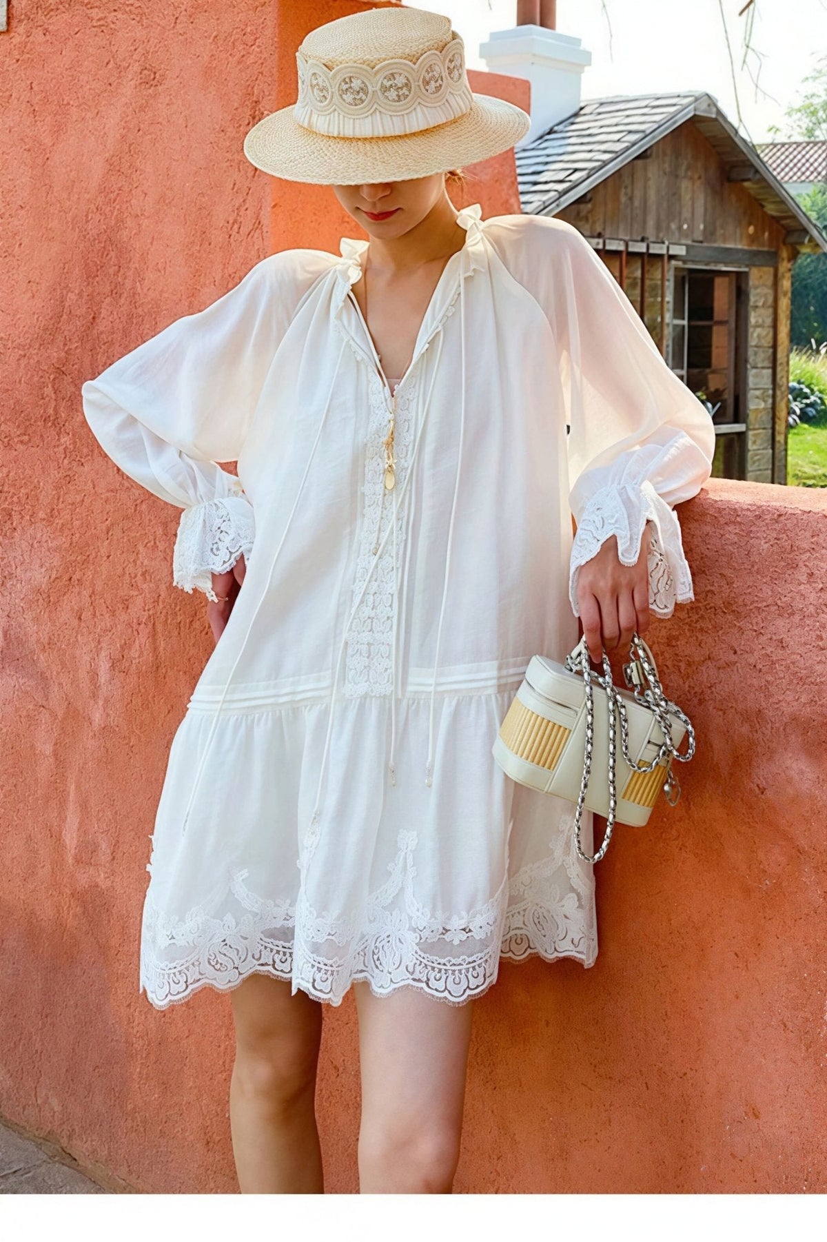 Vestido midi Imara em linho e renda com patchwork