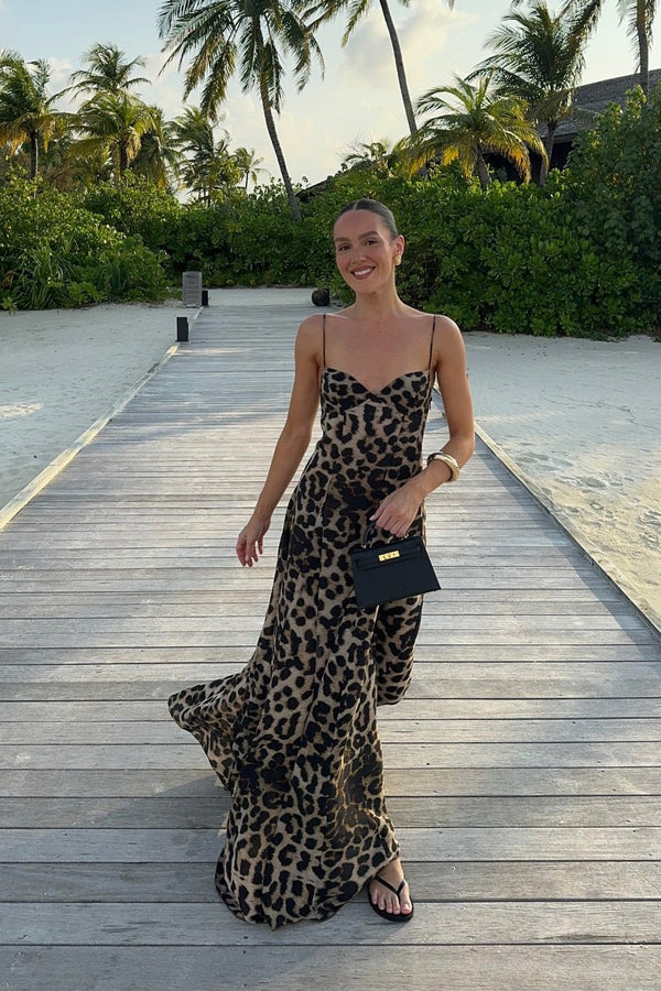 Vestido comprido com alças finas e padrão leopardo Imogen