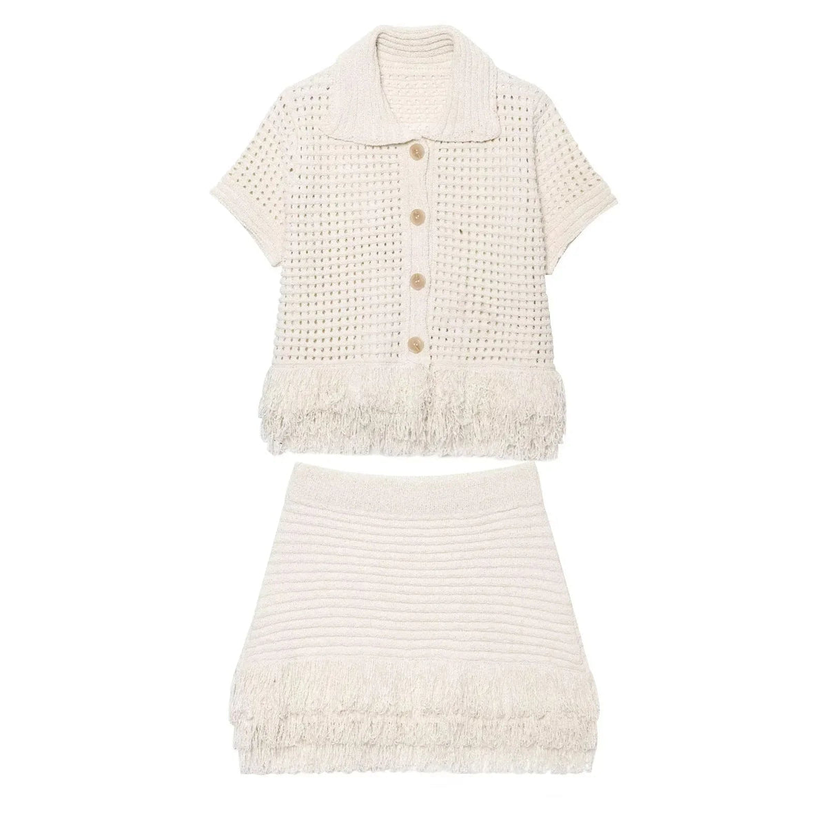 Conjunto de camisola e saia de malha com franjas Ioanna