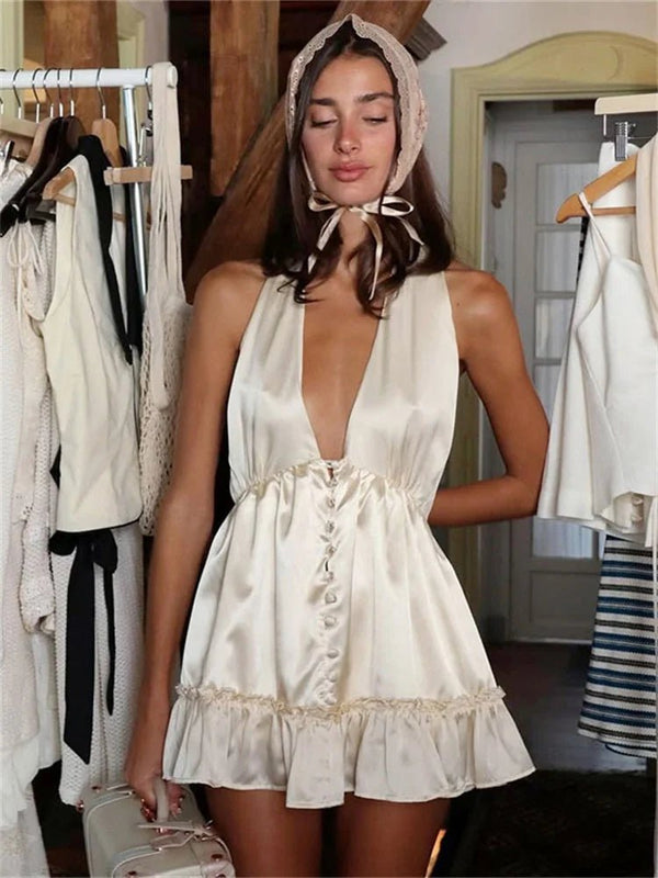 Vestido mini Isabel em cetim com decote em V