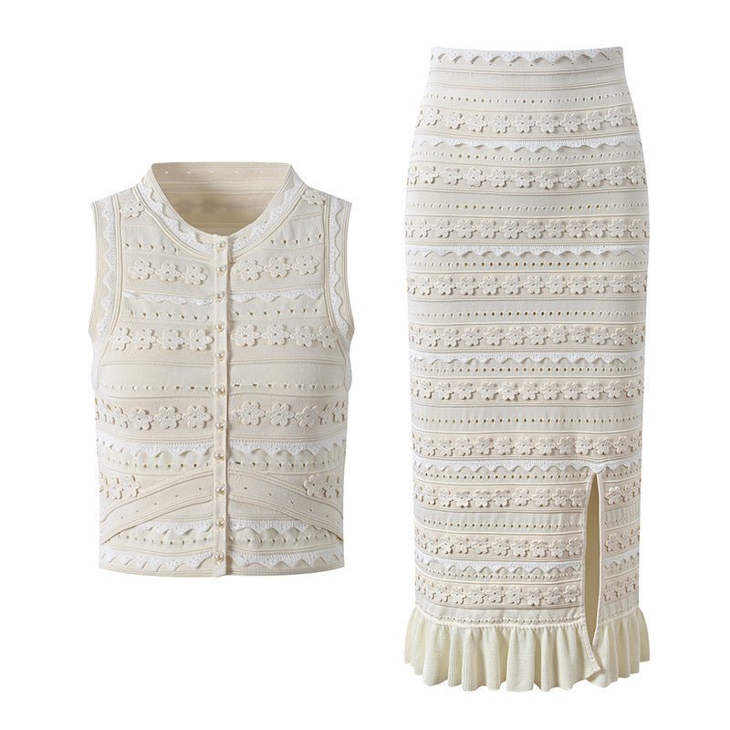 Conjunto Isabella de colete de malha floral e saia midi com folhos