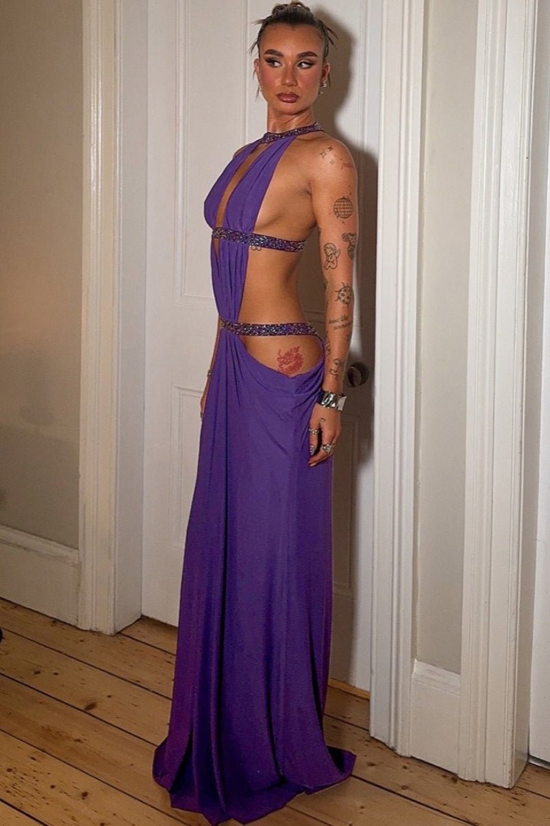 Vestido comprido Isolde com franzido e recortes