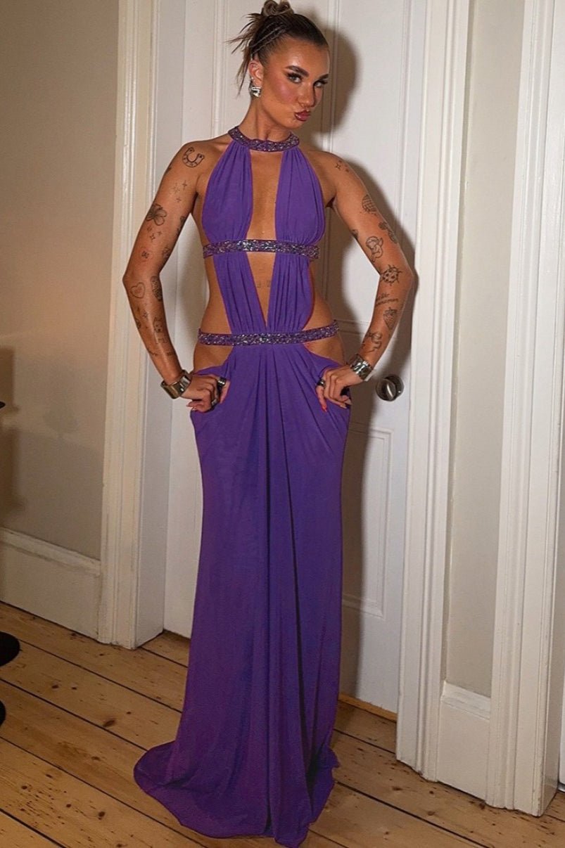 Vestido comprido Isolde com franzido e recortes