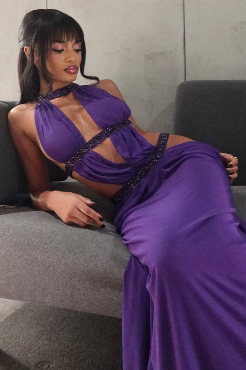 Vestido comprido Isolde com franzido e recortes