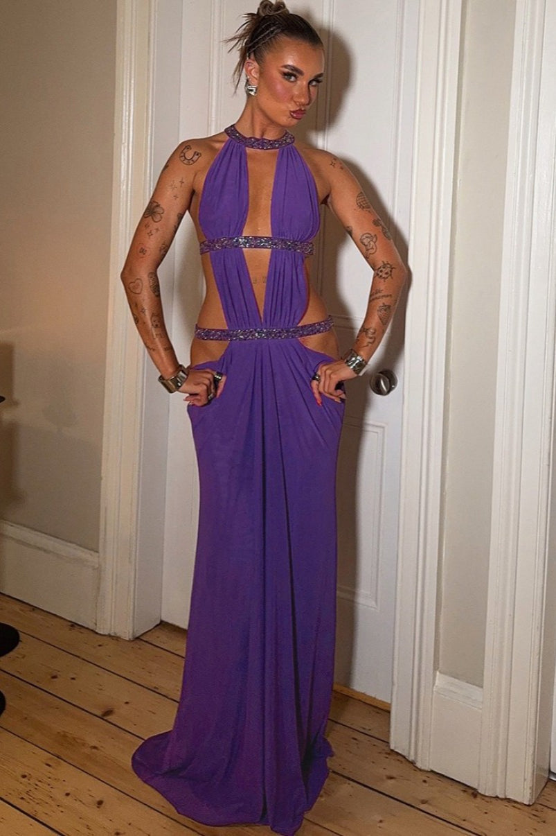 Vestido comprido Isolde com franzido e recortes