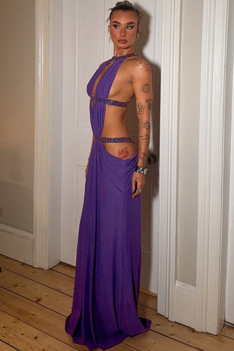 Vestido comprido Isolde com franzido e recortes