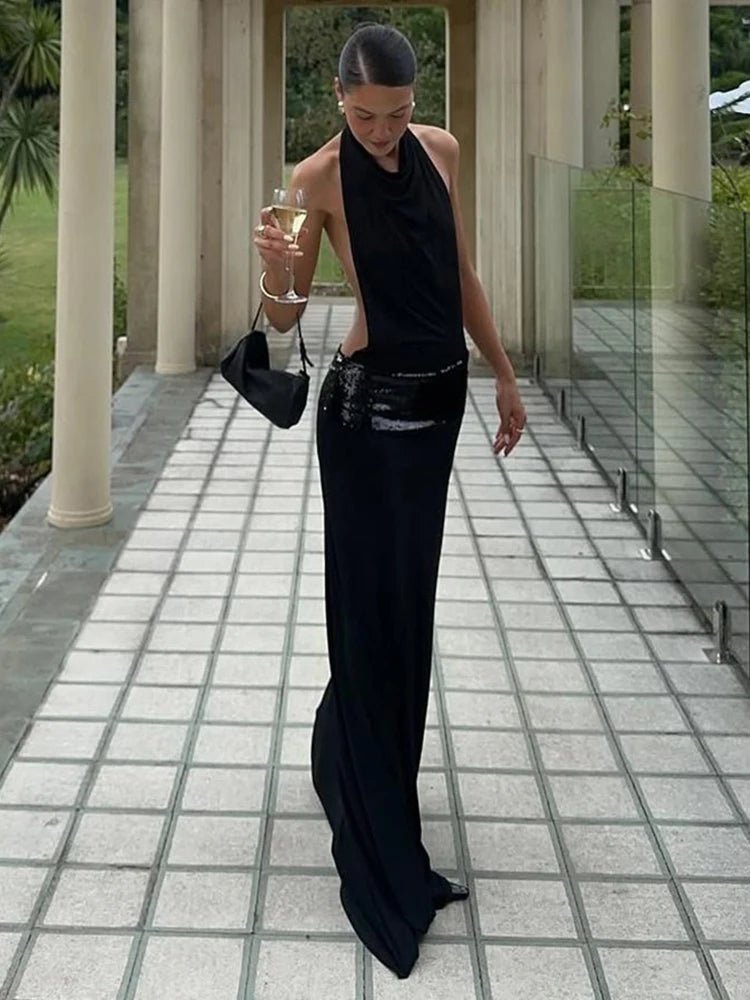 Vestido comprido Jane com decote halter e drapeado