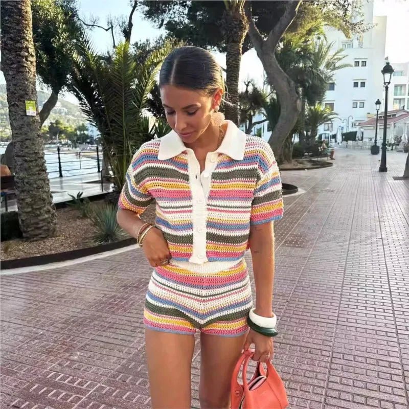 Conjunto Jasmin de camisola curta de croché e calções
