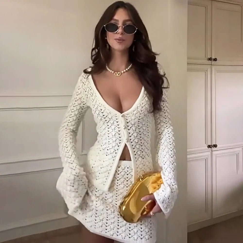 Conjunto Jaycee de casaco de malha e saia mini