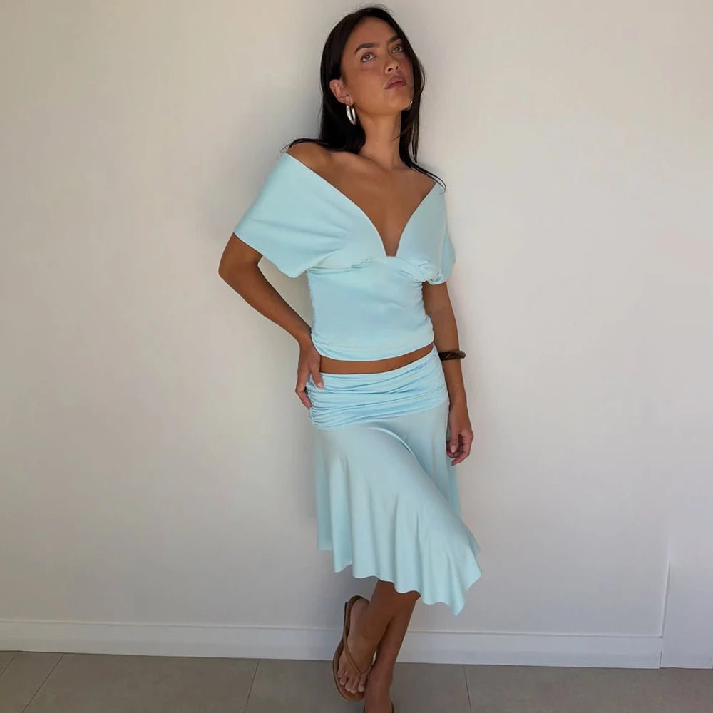 Conjunto Jenna de top e saia com ombros descobertos