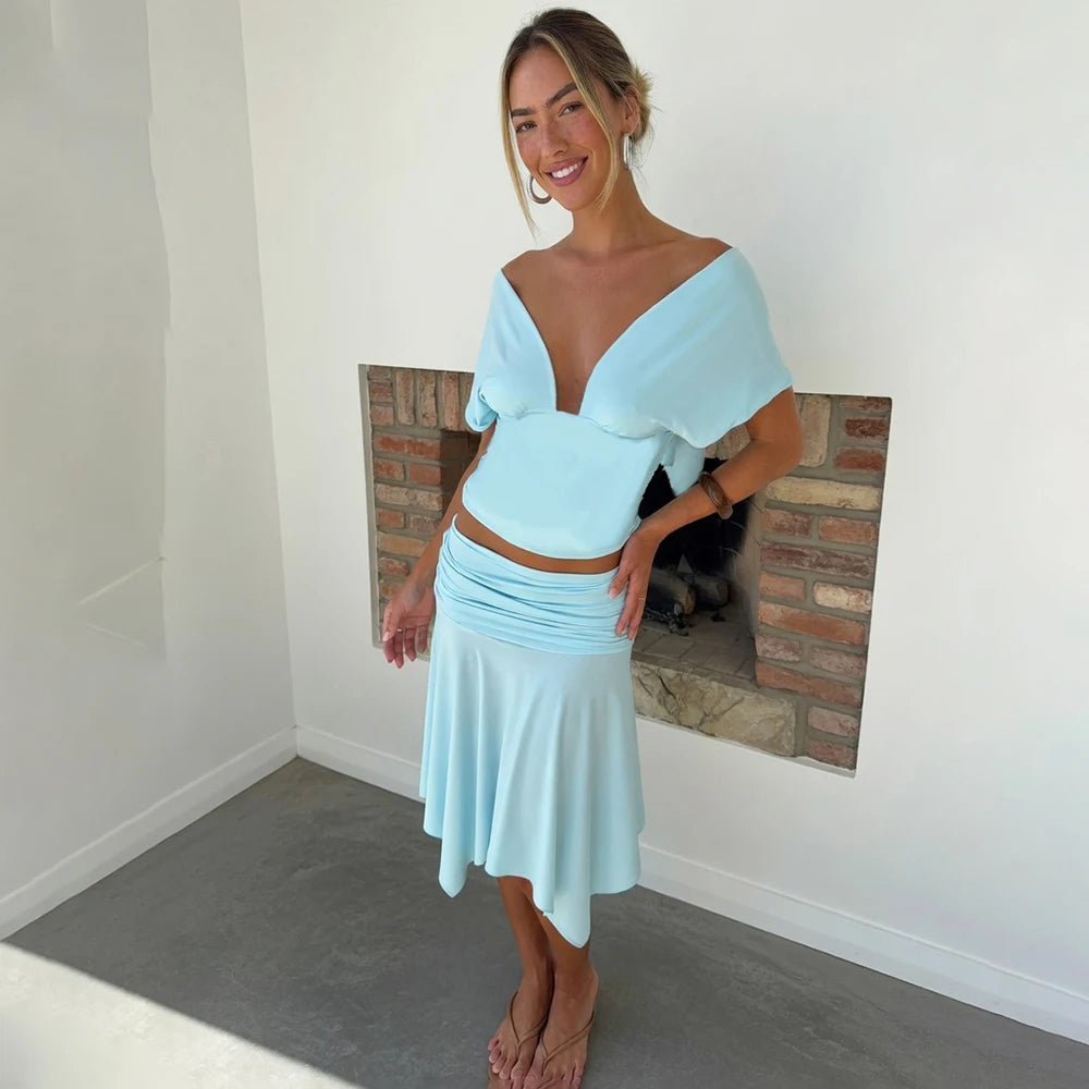 Conjunto Jenna de top e saia com ombros descobertos