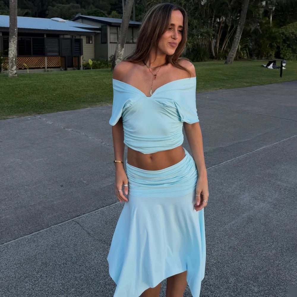 Conjunto Jenna de top e saia com ombros descobertos