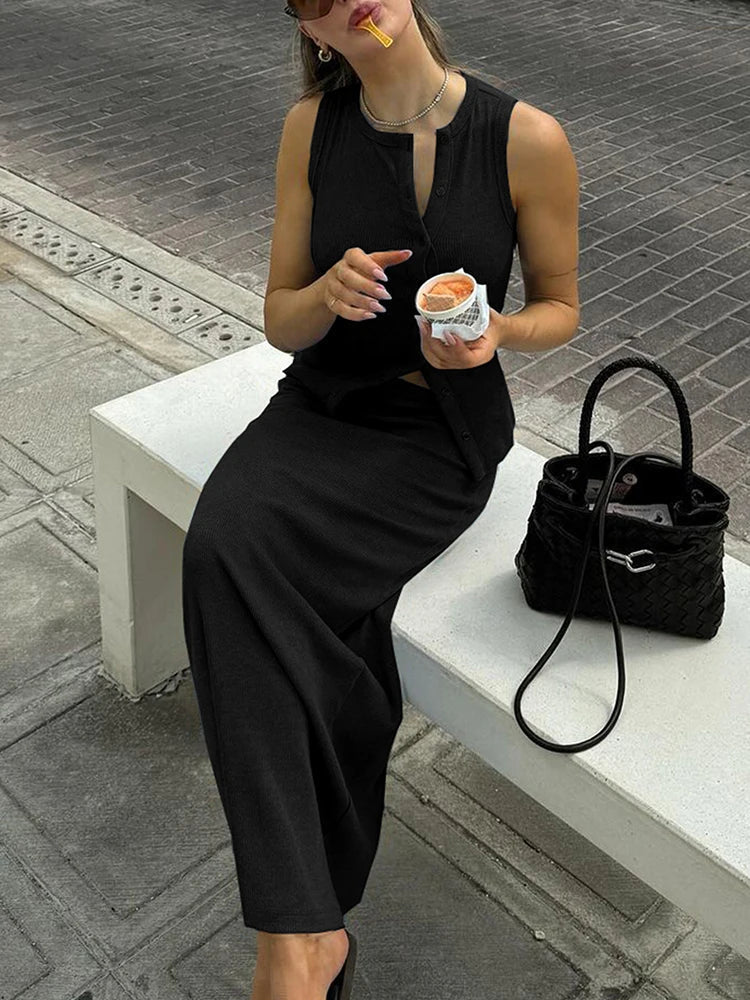 Conjunto de top canelado de abotoamento simples e saia comprida Jenny
