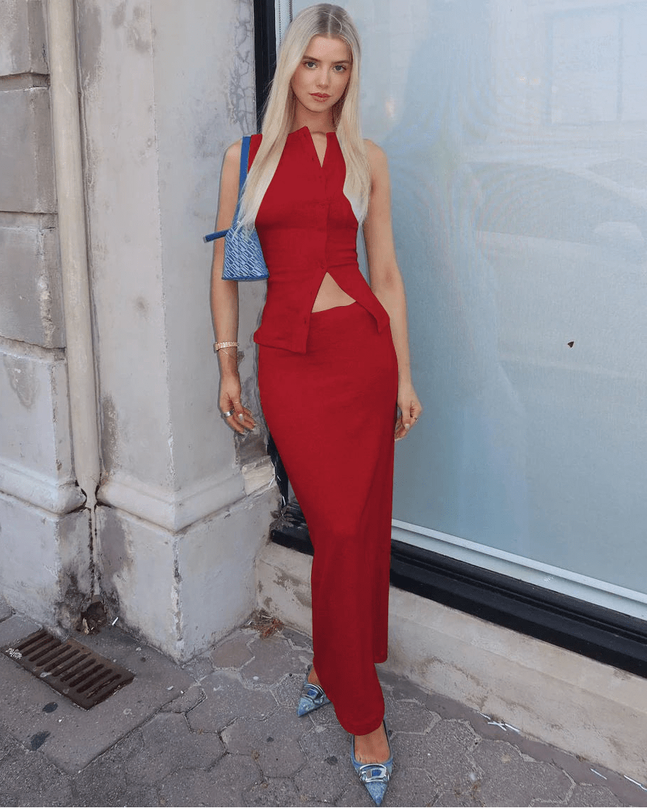 Conjunto de top canelado de abotoamento simples e saia comprida Jenny