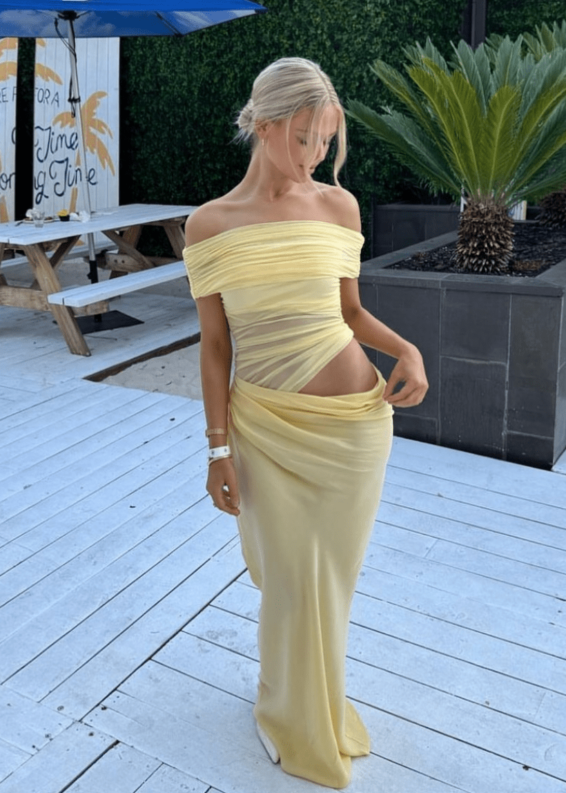 Vestido comprido em malha sem ombros Jessa