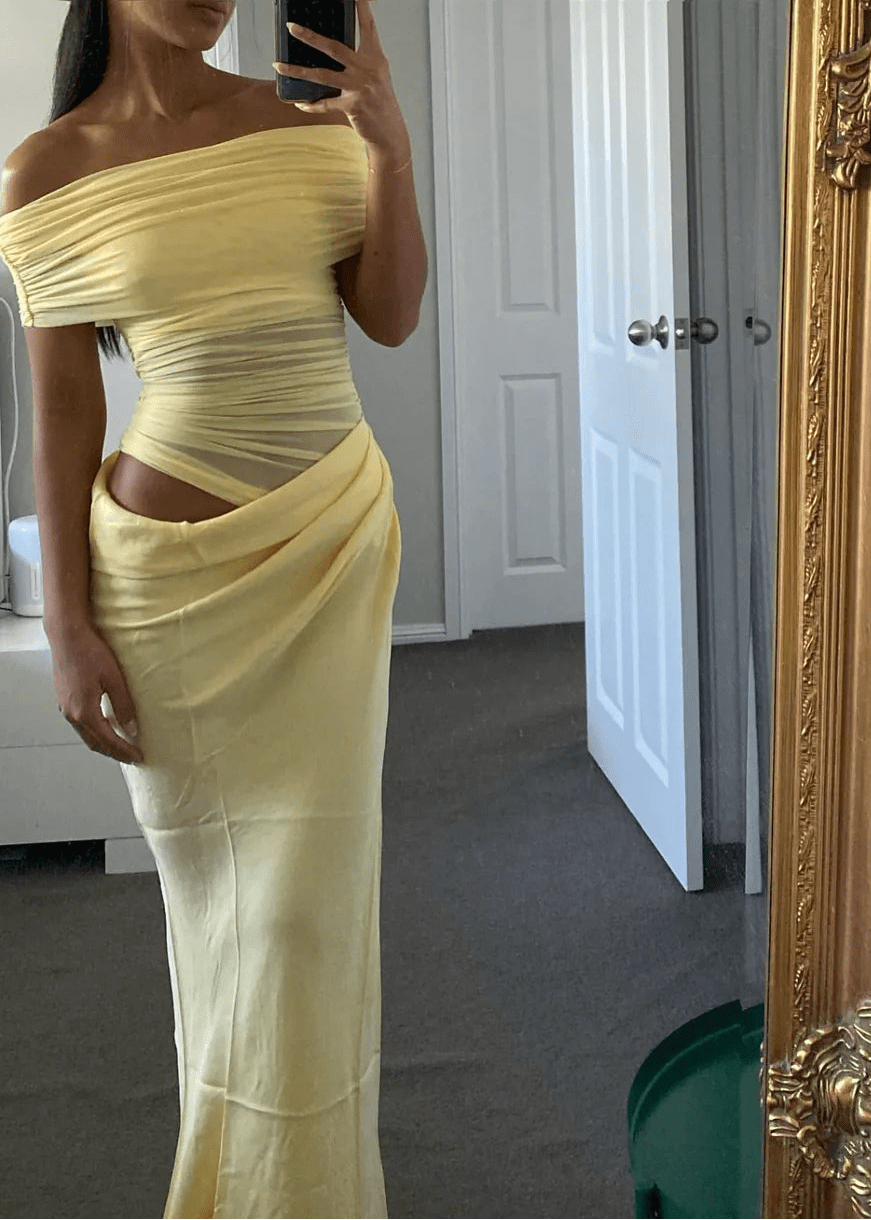 Vestido comprido em malha sem ombros Jessa