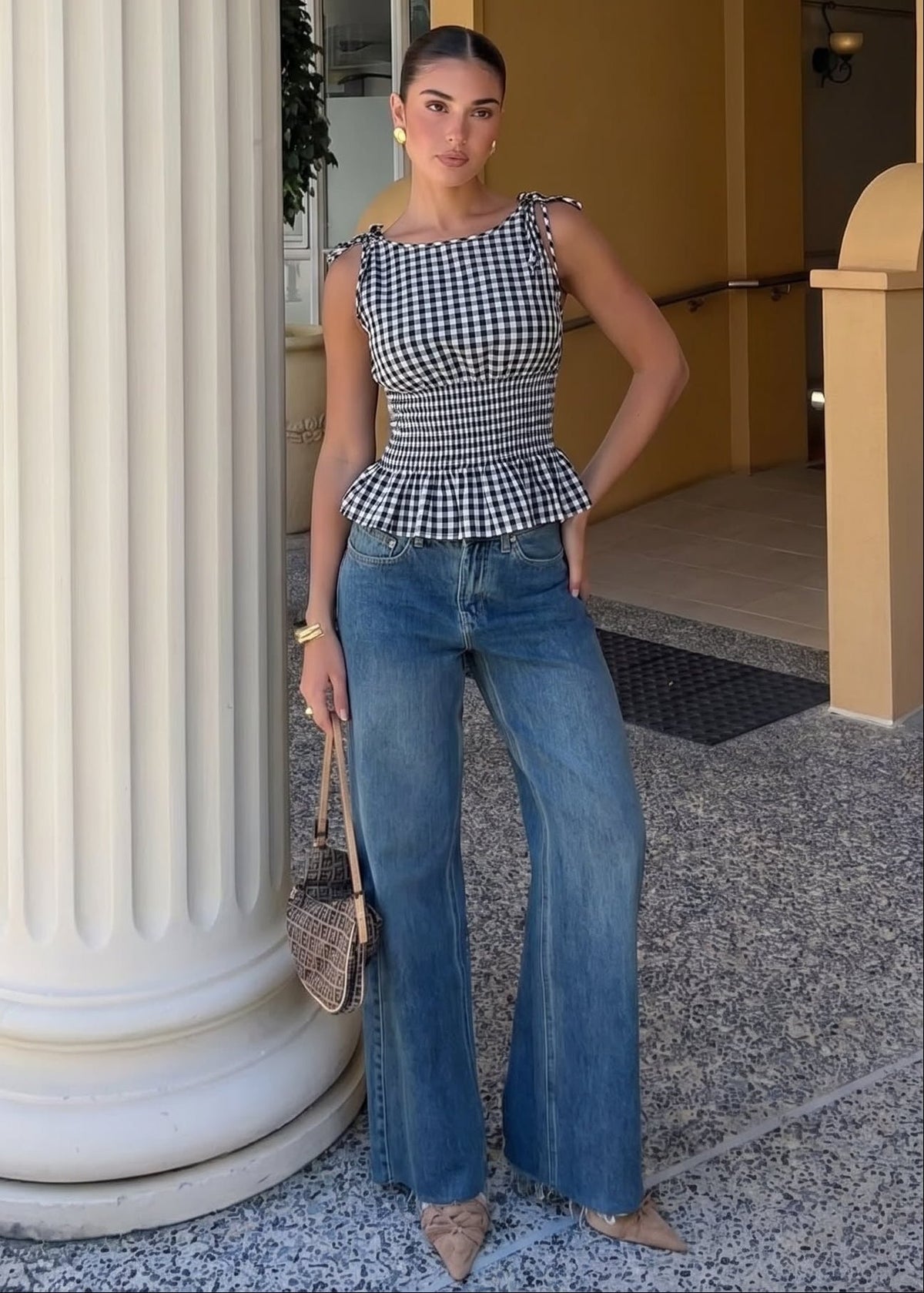 Top Jessica de alças com padrão axadrezado vintage