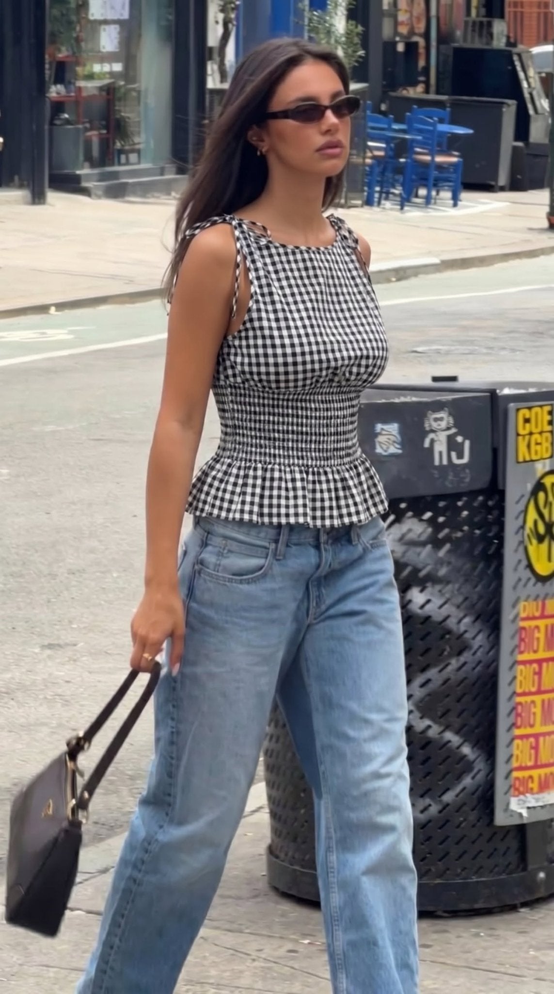 Top Jessica de alças com padrão axadrezado vintage