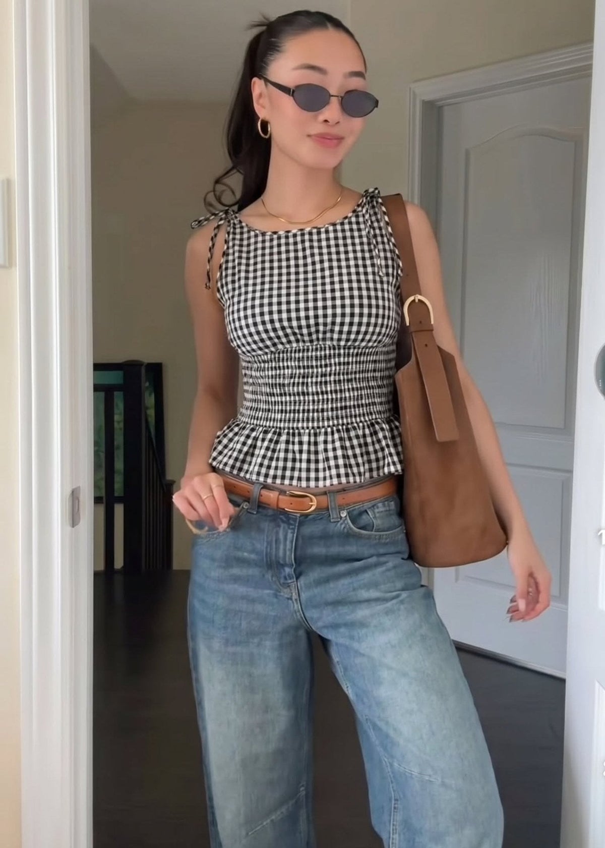 Top Jessica de alças com padrão axadrezado vintage