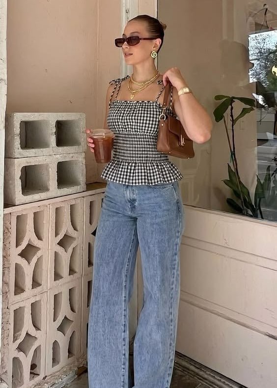 Top Jessica de alças com padrão axadrezado vintage