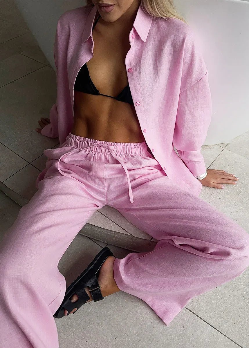 Conjunto Katie de algodão para estar em casa, com camisa de botões e calças largas