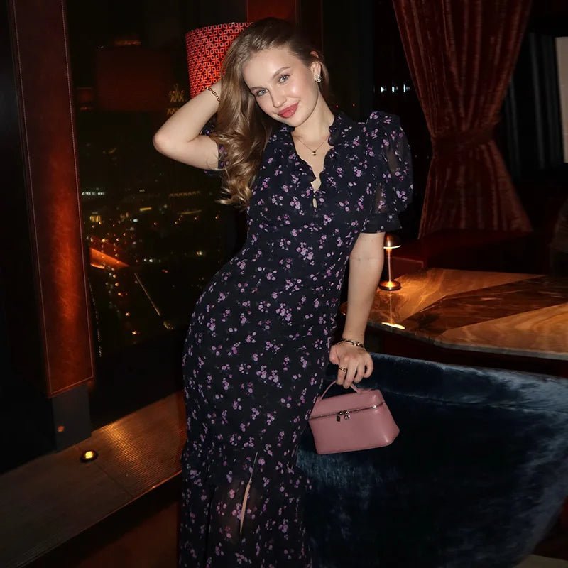 Vestido maxi Klea floral com mangas balão