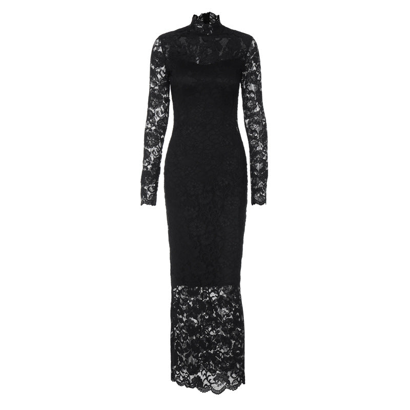 Vestido comprido de renda com gola alta Viveka