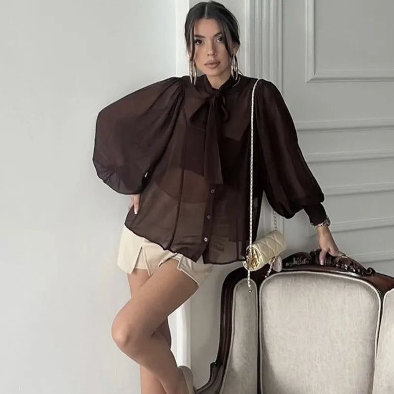 Blusa transparente com gola de laço Flavia