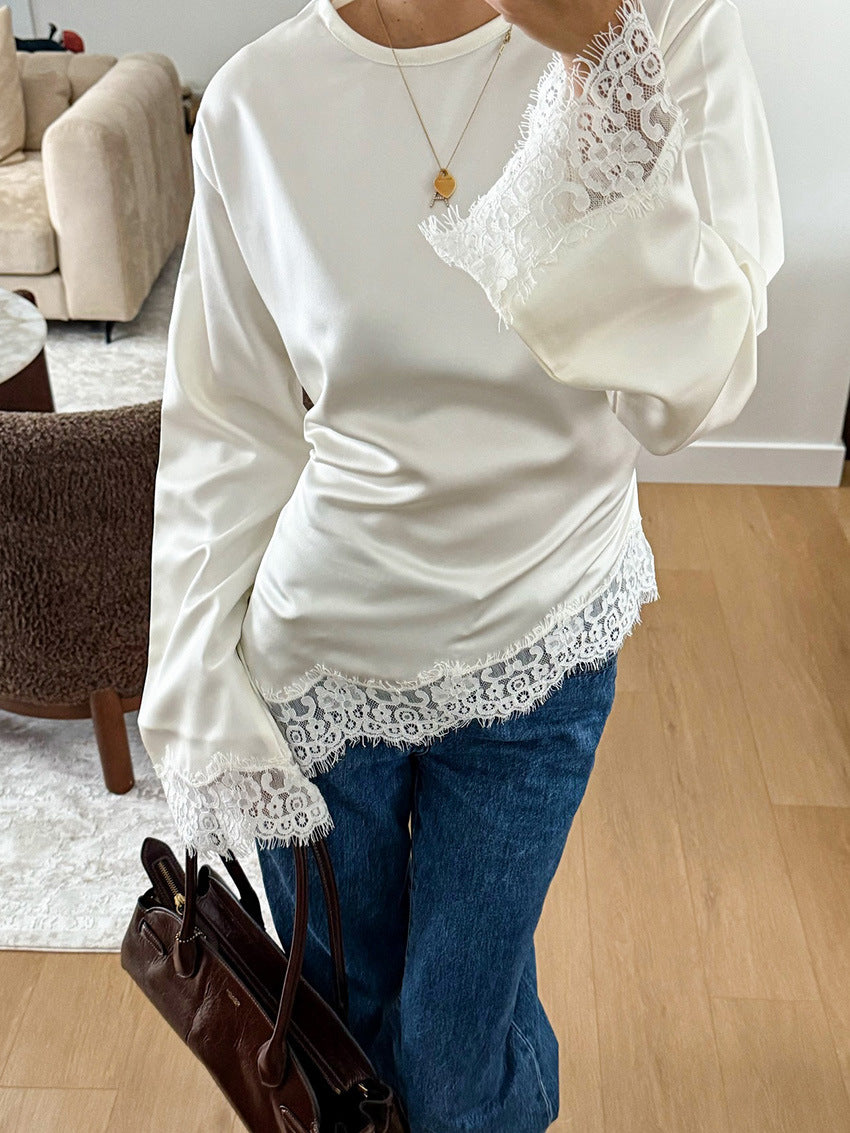 Top acetinado com debrum de renda Bettina