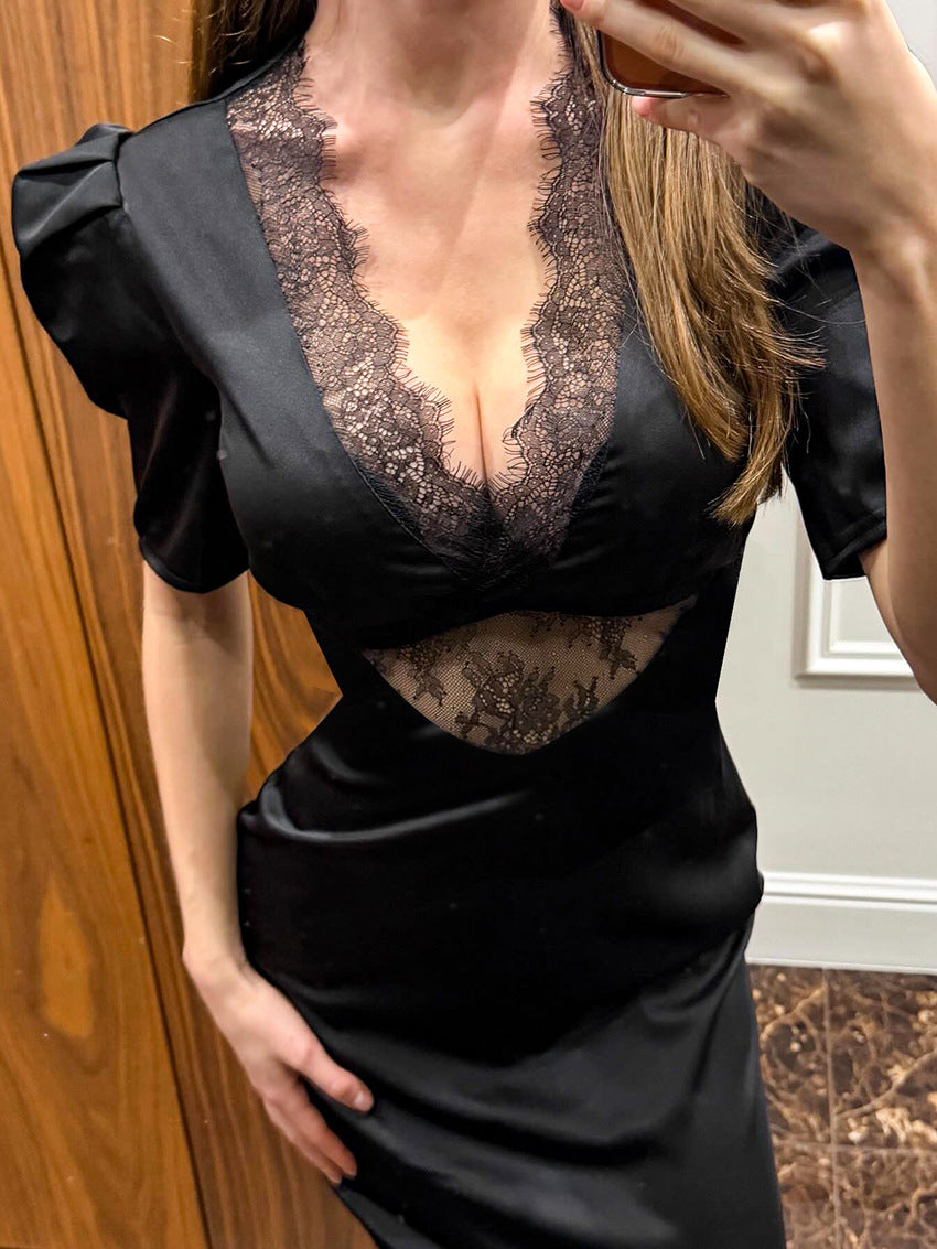 Vestido comprido acetinado com inserção de renda Helene