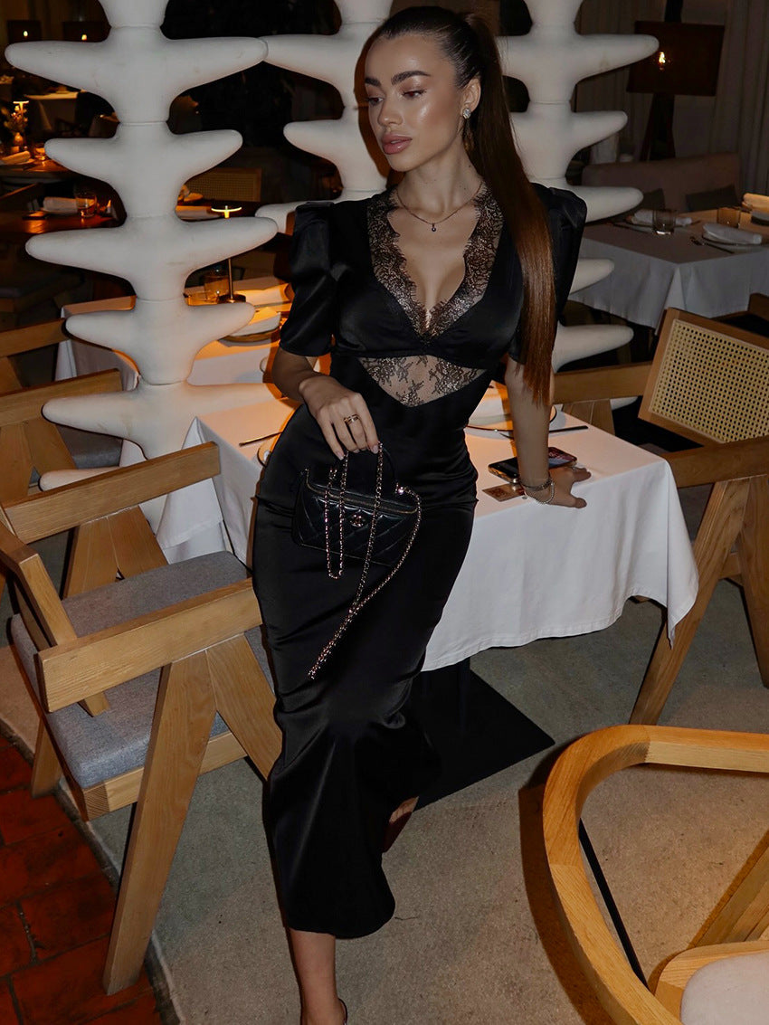 Vestido comprido acetinado com inserção de renda Helene