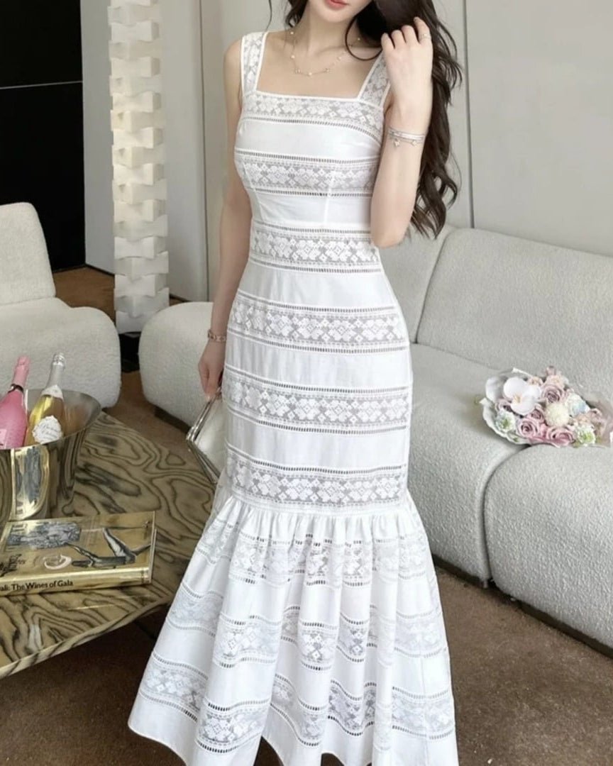 Vestido de renda bordada Laura, com corte sereia