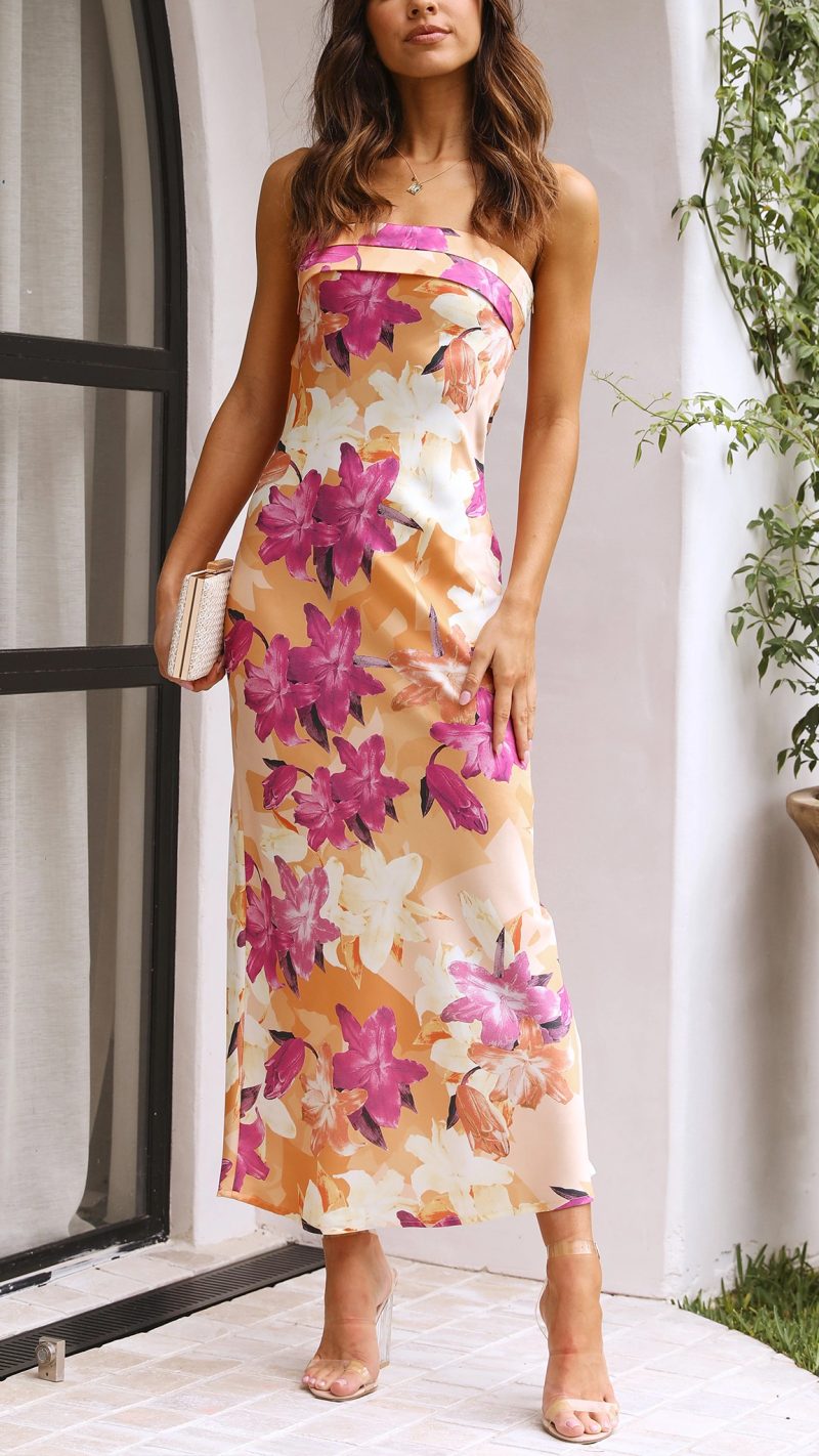 Vestido maxi floral sem alças Laura