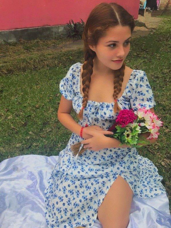 Vestido midi floral com mangas balão Lena