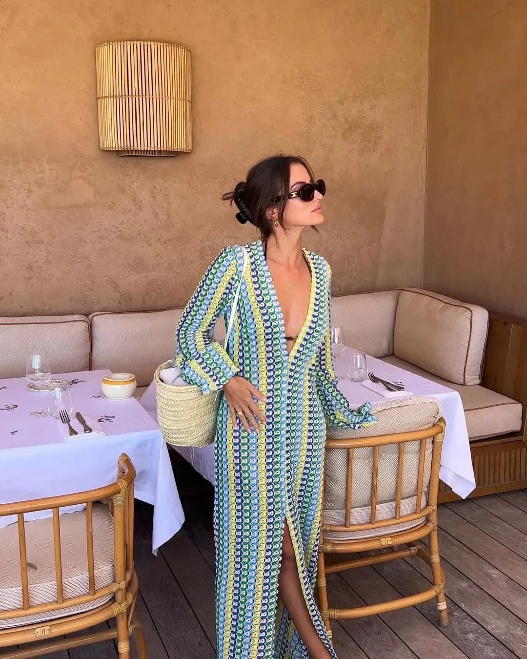 Vestido comprido de croché às riscas Lieke
