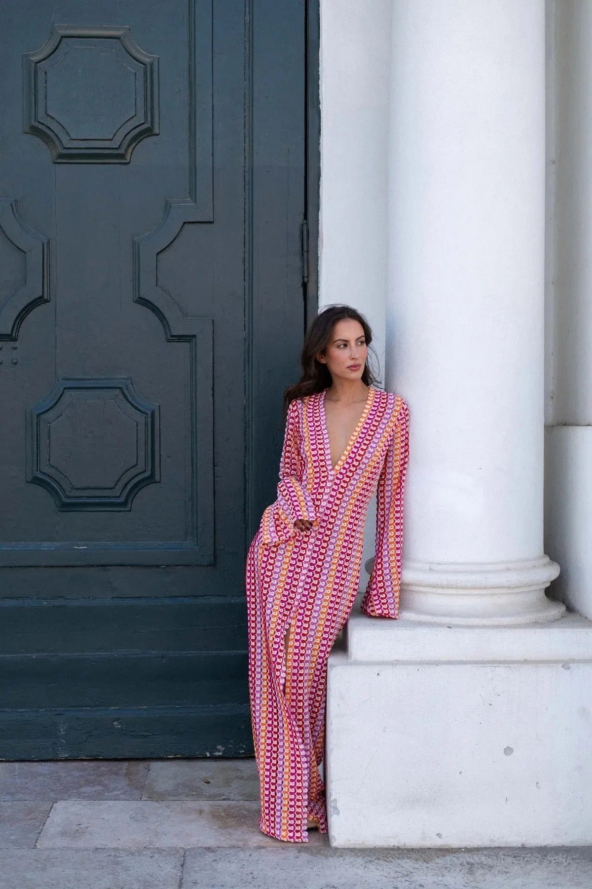 Vestido comprido de croché às riscas Lieke