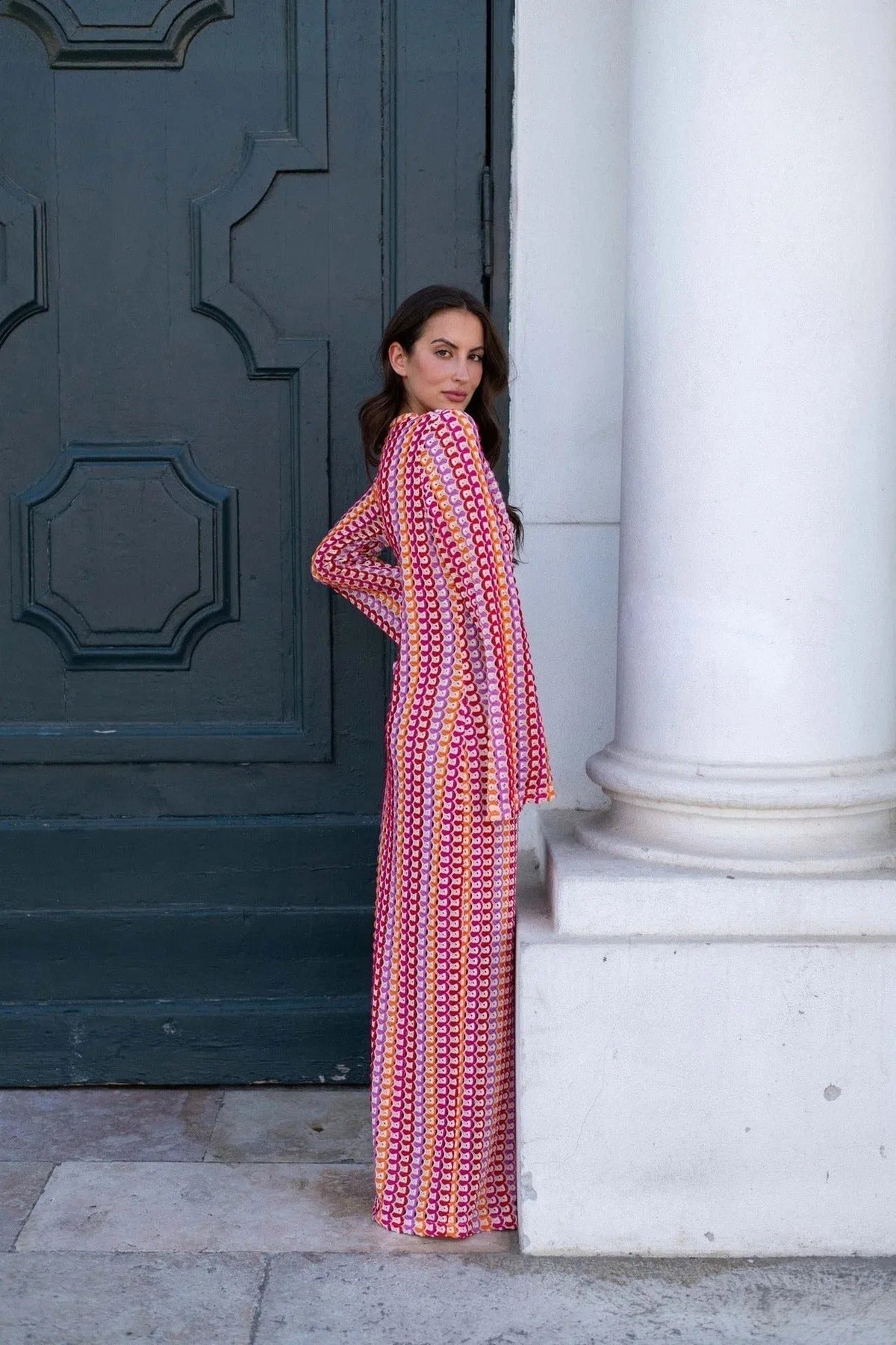 Vestido comprido de croché às riscas Lieke