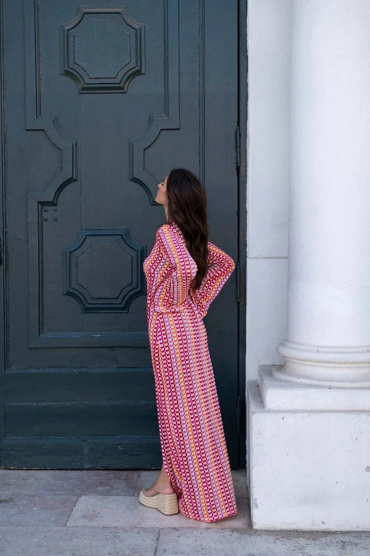 Vestido comprido de croché às riscas Lieke