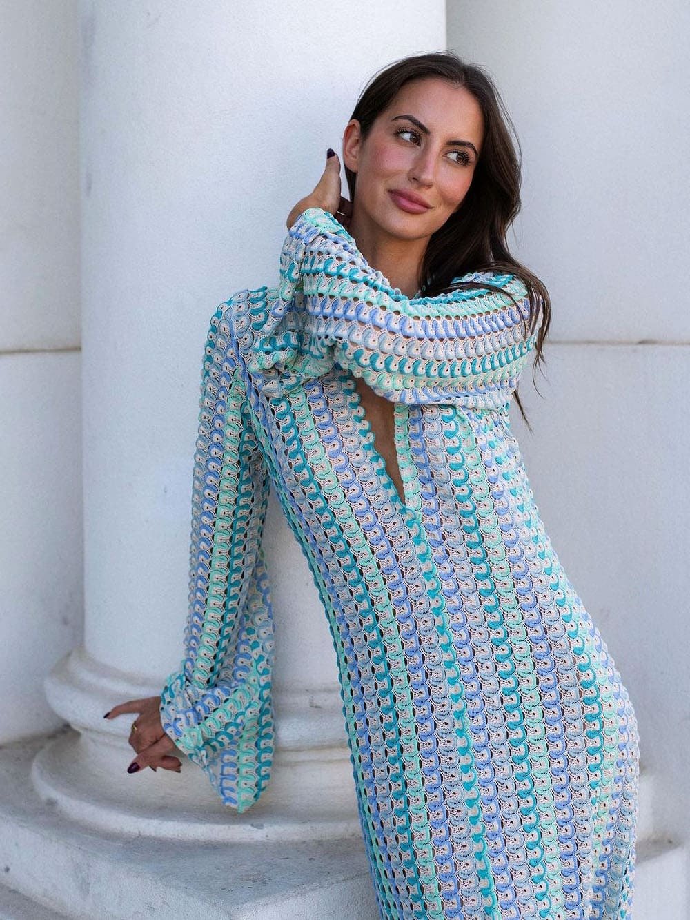 Vestido comprido de croché às riscas Lieke