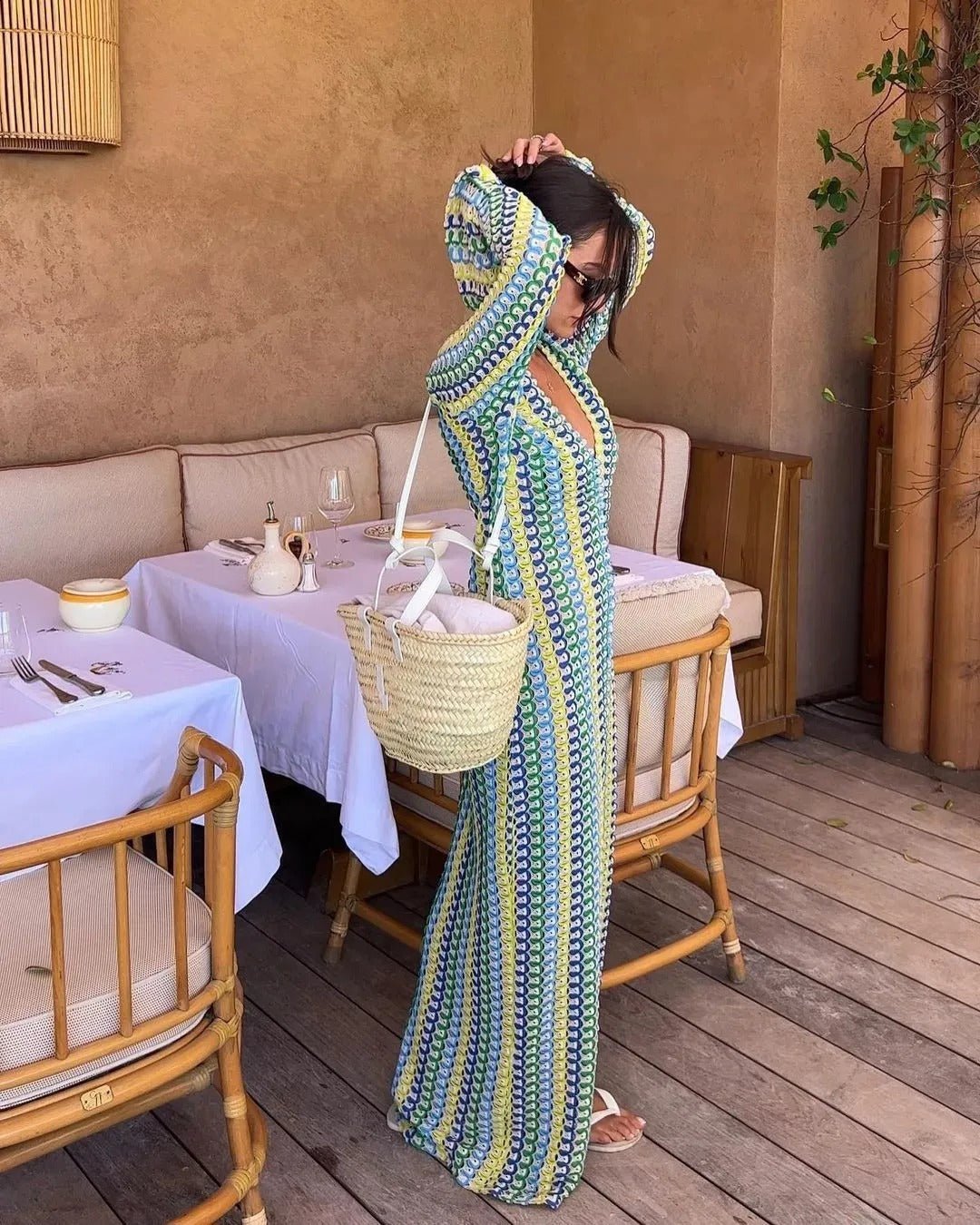 Vestido comprido de croché às riscas Lieke