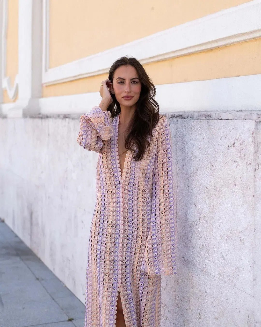 Vestido comprido de croché às riscas Lieke