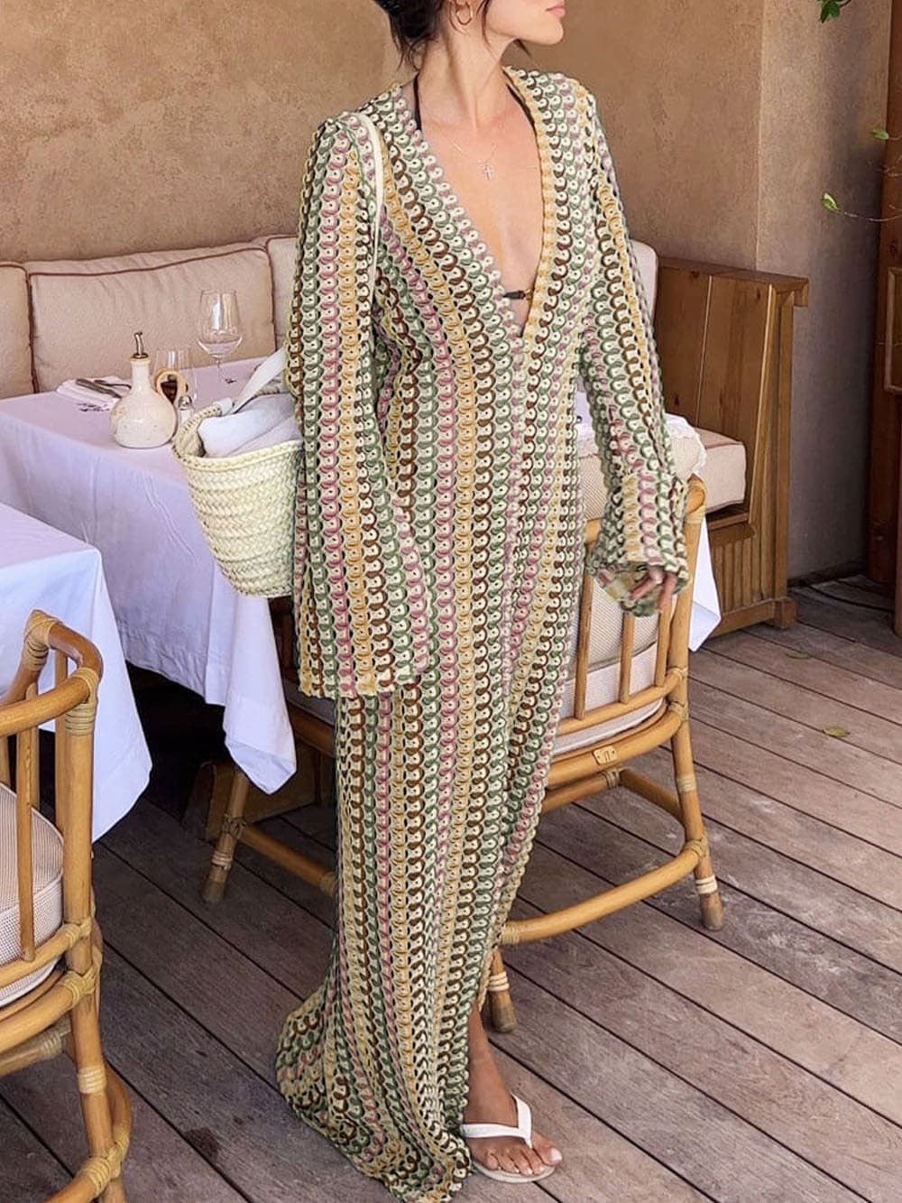 Vestido comprido de croché às riscas Lieke