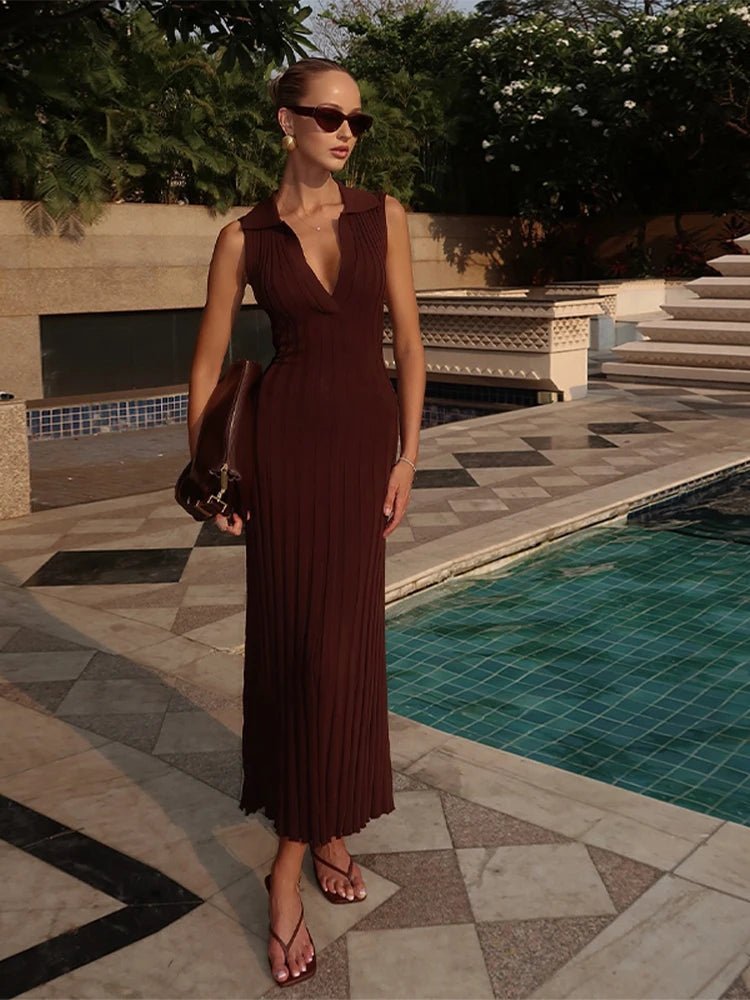 Vestido maxi Lise de malha plissada sem mangas