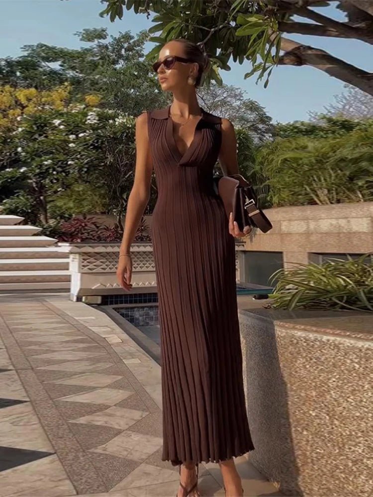 Vestido maxi Lise de malha plissada sem mangas
