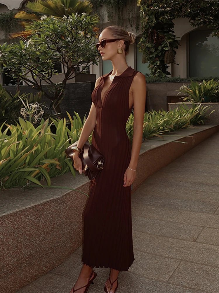 Vestido maxi Lise de malha plissada sem mangas