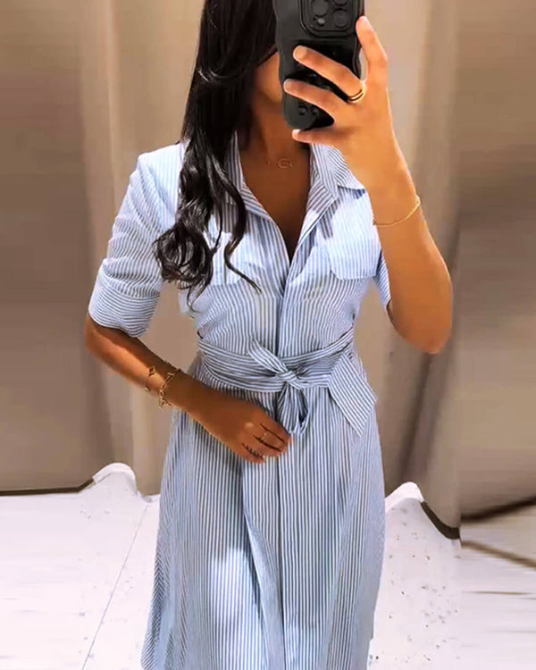 Beatrice Striped Lace-Up Collar Maxi Dress